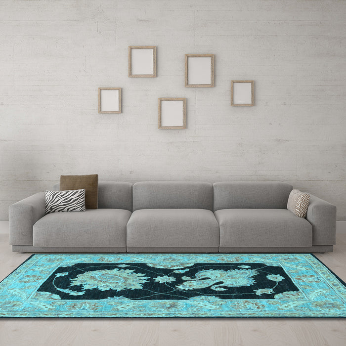 Machine Washable Oriental Light Blue Traditional Rug in a Living Room, wshtr1346lblu