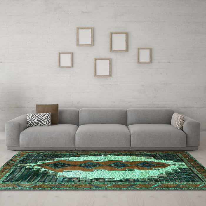 Machine Washable Persian Turquoise Traditional Area Rugs in a Living Room,, wshtr1347turq