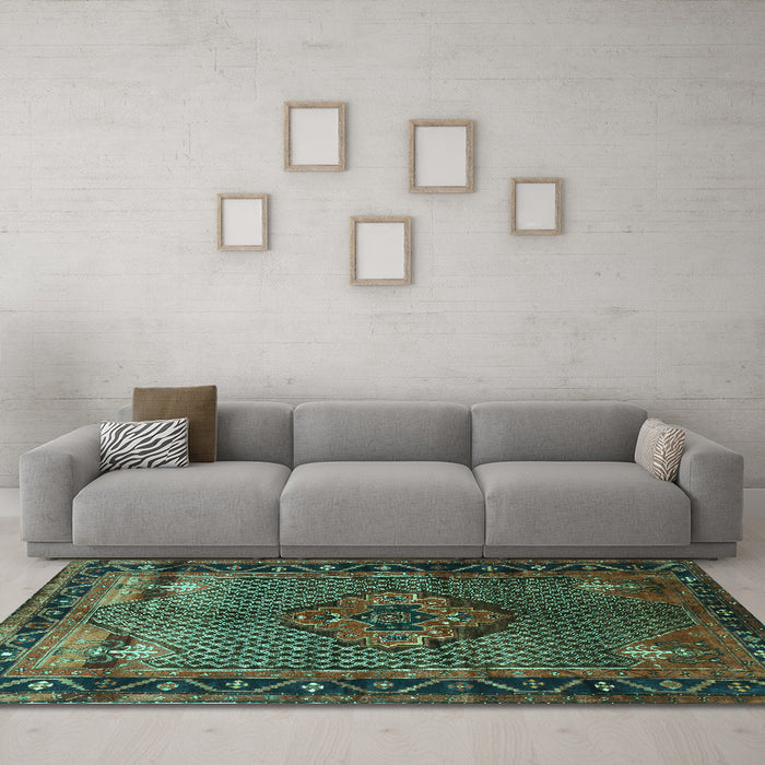 Machine Washable Persian Turquoise Traditional Area Rugs in a Living Room,, wshtr1348turq