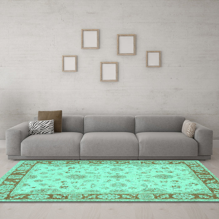 Machine Washable Oriental Turquoise Traditional Area Rugs in a Living Room,, wshtr1351turq