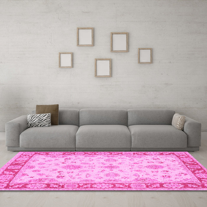 Machine Washable Oriental Pink Traditional Rug in a Living Room, wshtr1351pnk