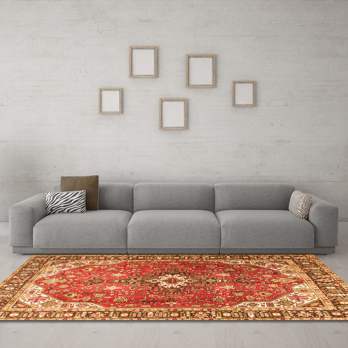 Machine Washable Medallion Orange Traditional Area Rugs in a Living Room, wshtr1352org