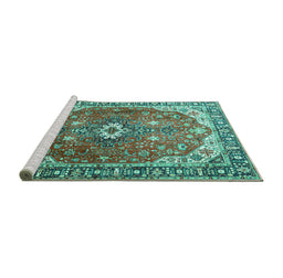 Sideview of Machine Washable Medallion Turquoise Traditional Area Rugs, wshtr1352turq
