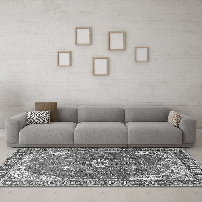 Machine Washable Medallion Gray Traditional Rug in a Living Room,, wshtr1352gry