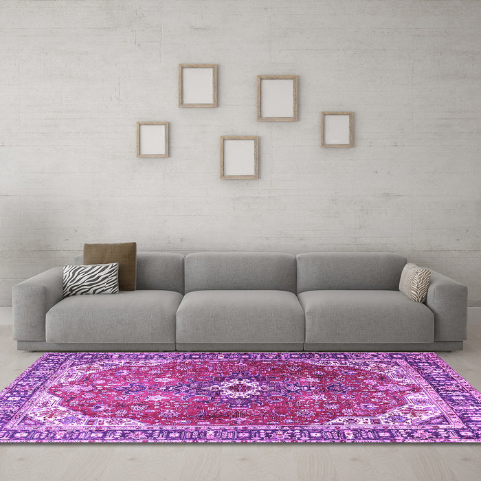 Machine Washable Medallion Purple Traditional Area Rugs in a Living Room, wshtr1352pur