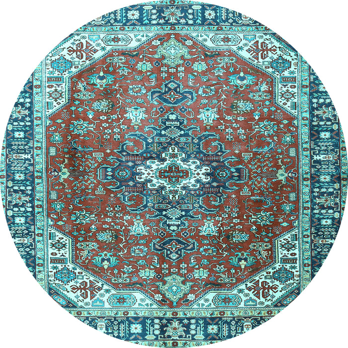 Round Machine Washable Medallion Light Blue Traditional Rug, wshtr1352lblu