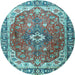 Round Machine Washable Medallion Light Blue Traditional Rug, wshtr1352lblu