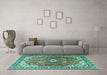 Machine Washable Medallion Turquoise Traditional Area Rugs in a Living Room,, wshtr1352turq