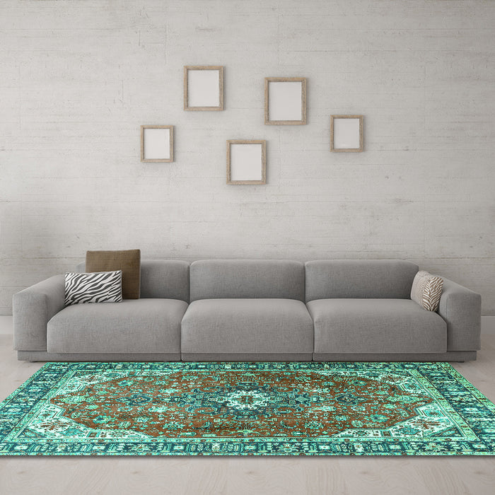 Machine Washable Medallion Turquoise Traditional Area Rugs in a Living Room,, wshtr1352turq
