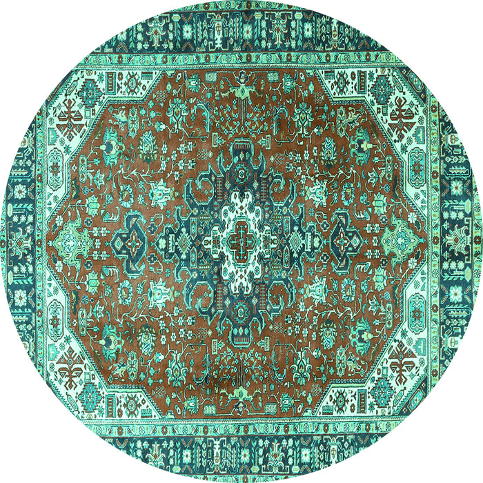 Round Machine Washable Medallion Turquoise Traditional Area Rugs, wshtr1352turq