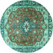 Round Machine Washable Medallion Turquoise Traditional Area Rugs, wshtr1352turq