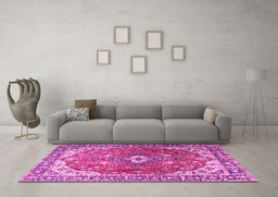 Machine Washable Medallion Pink Traditional Rug in a Living Room, wshtr1352pnk