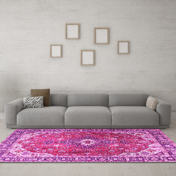 Machine Washable Medallion Pink Traditional Rug in a Living Room, wshtr1352pnk