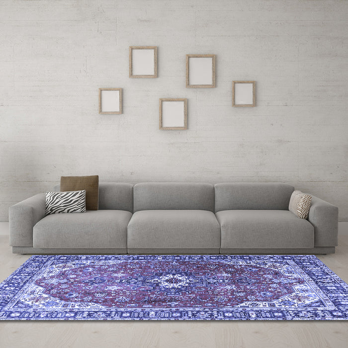 Machine Washable Medallion Blue Traditional Rug in a Living Room, wshtr1352blu