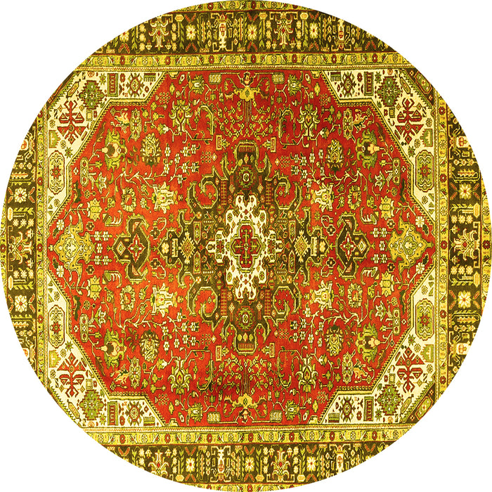 Round Machine Washable Medallion Yellow Traditional Rug, wshtr1352yw