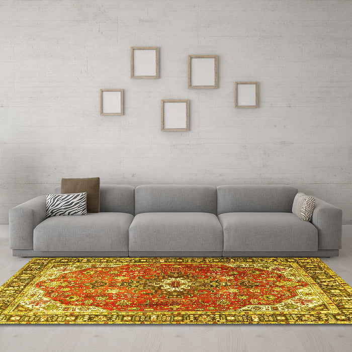 Machine Washable Medallion Yellow Traditional Rug in a Living Room, wshtr1352yw