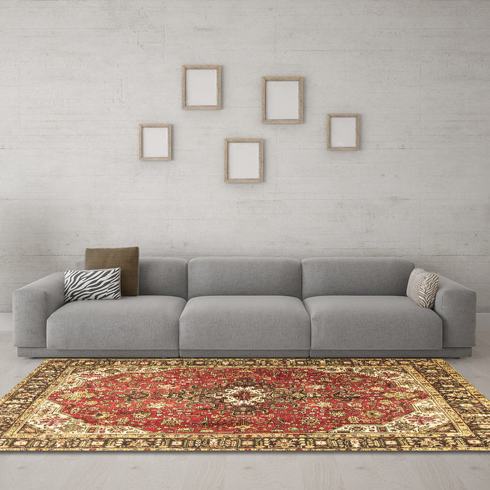 Machine Washable Medallion Brown Traditional Rug in a Living Room,, wshtr1352brn