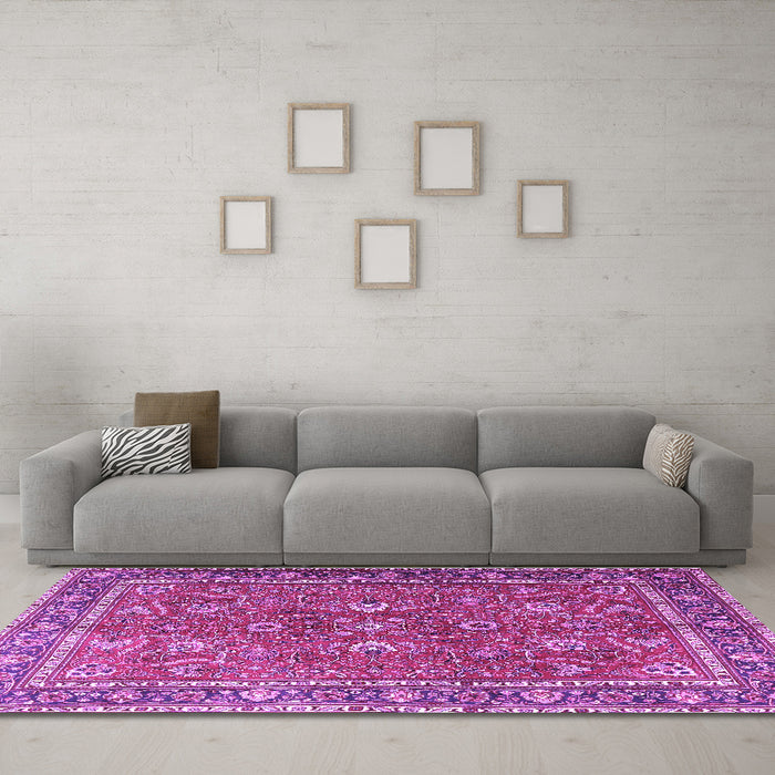 Machine Washable Persian Purple Traditional Area Rugs in a Living Room, wshtr1354pur