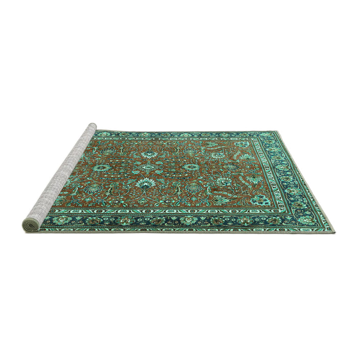 Sideview of Machine Washable Persian Turquoise Traditional Area Rugs, wshtr1354turq