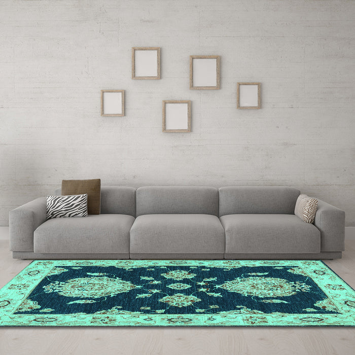 Machine Washable Persian Turquoise Traditional Area Rugs in a Living Room,, wshtr1355turq