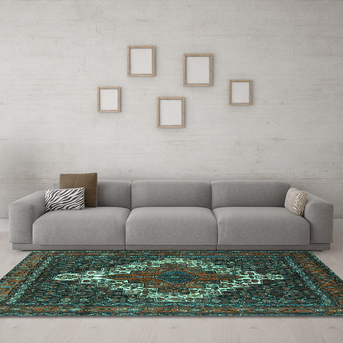 Machine Washable Persian Turquoise Traditional Area Rugs in a Living Room,, wshtr1356turq