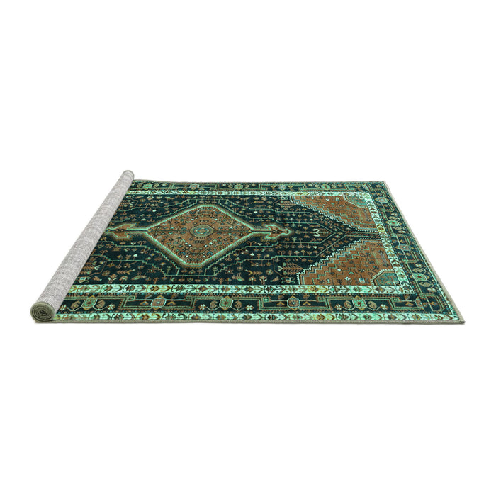Sideview of Machine Washable Persian Turquoise Traditional Area Rugs, wshtr1358turq