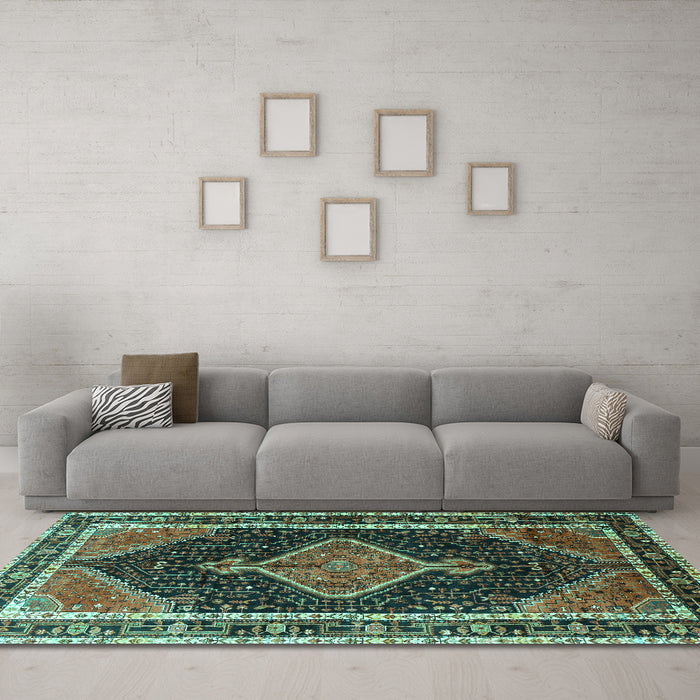 Machine Washable Persian Turquoise Traditional Area Rugs in a Living Room,, wshtr1358turq