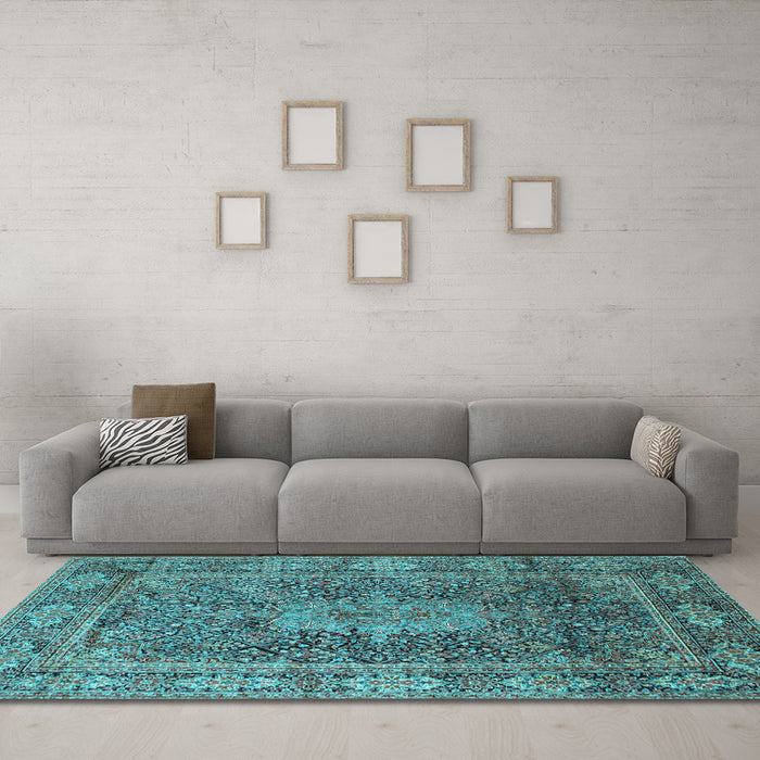Machine Washable Medallion Light Blue Traditional Rug in a Living Room, wshtr135lblu