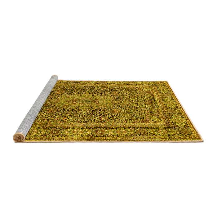Sideview of Machine Washable Medallion Yellow Traditional Rug, wshtr135yw