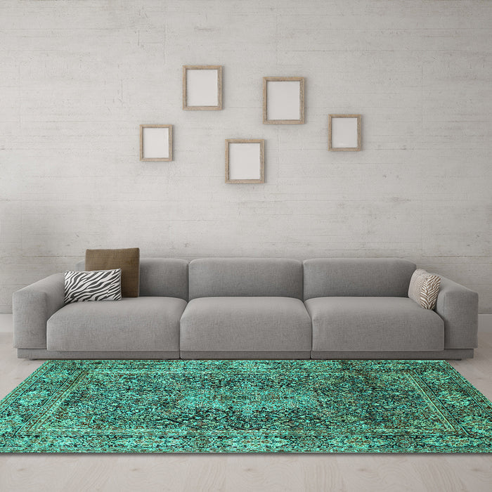 Machine Washable Medallion Turquoise Traditional Area Rugs in a Living Room,, wshtr135turq
