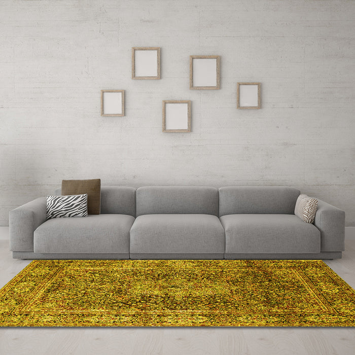 Machine Washable Medallion Yellow Traditional Rug in a Living Room, wshtr135yw