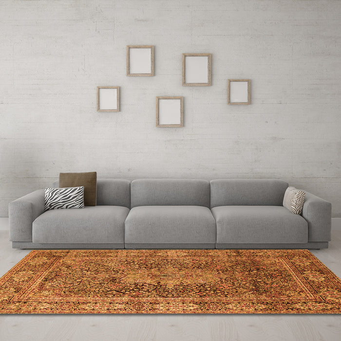 Machine Washable Medallion Orange Traditional Area Rugs in a Living Room, wshtr135org