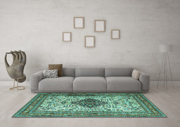 Machine Washable Persian Turquoise Traditional Area Rugs in a Living Room,, wshtr1361turq