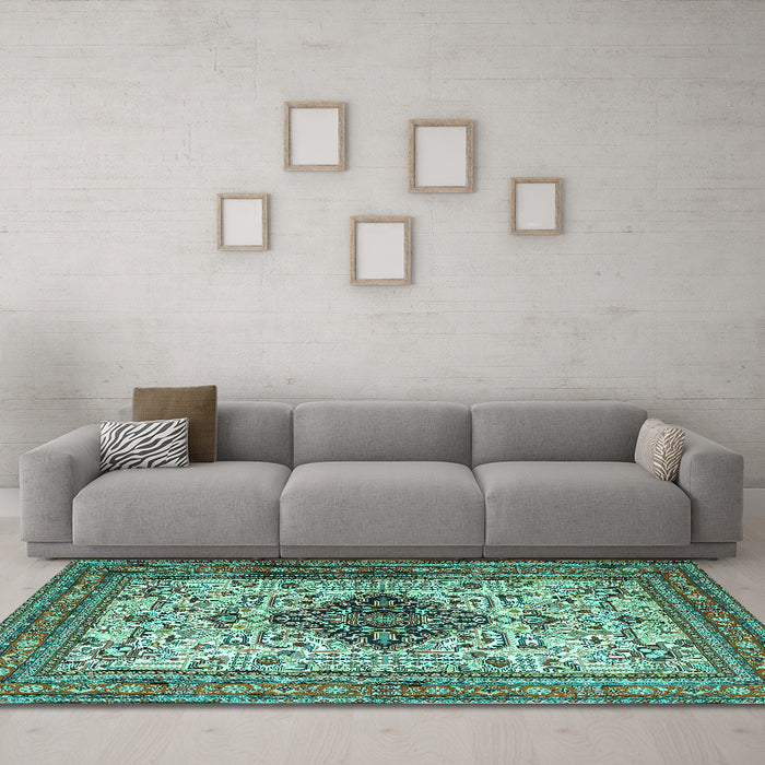 Machine Washable Persian Turquoise Traditional Area Rugs in a Living Room,, wshtr1361turq