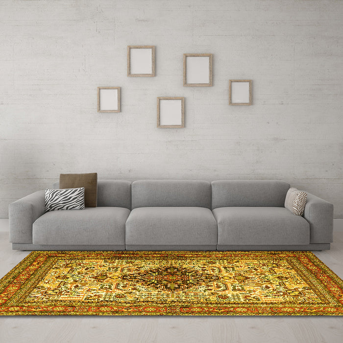 Machine Washable Persian Yellow Traditional Rug in a Living Room, wshtr1361yw