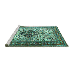Sideview of Machine Washable Persian Turquoise Traditional Area Rugs, wshtr1361turq