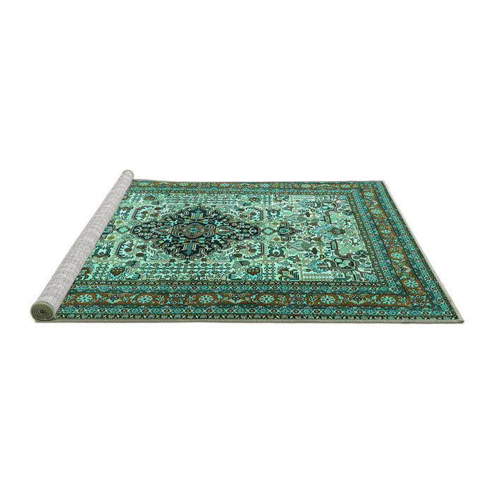 Sideview of Machine Washable Persian Turquoise Traditional Area Rugs, wshtr1361turq