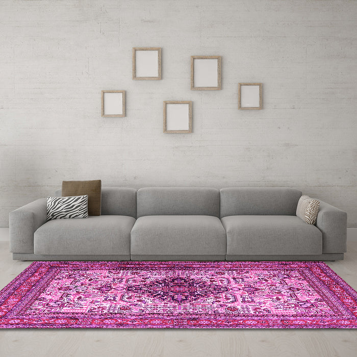 Machine Washable Persian Pink Traditional Rug in a Living Room, wshtr1361pnk