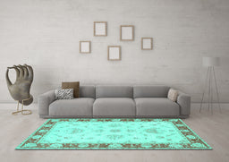 Machine Washable Oriental Turquoise Traditional Area Rugs in a Living Room,, wshtr1362turq