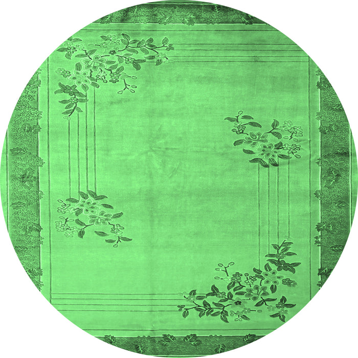 Round Machine Washable Oriental Emerald Green Asian Inspired Area Rugs, wshtr1363emgrn