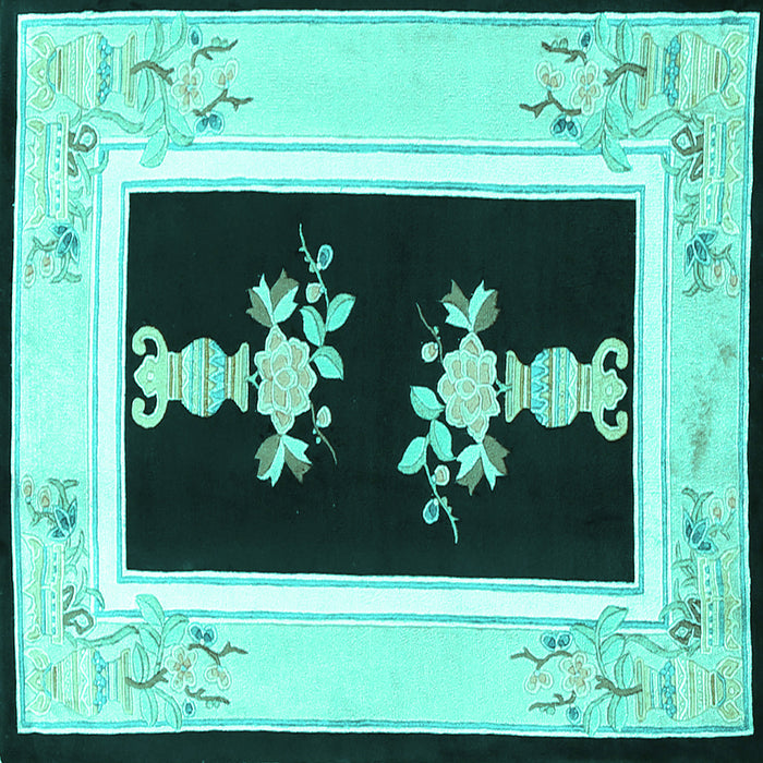 Square Machine Washable Oriental Turquoise Asian Inspired Area Rugs, wshtr1365turq