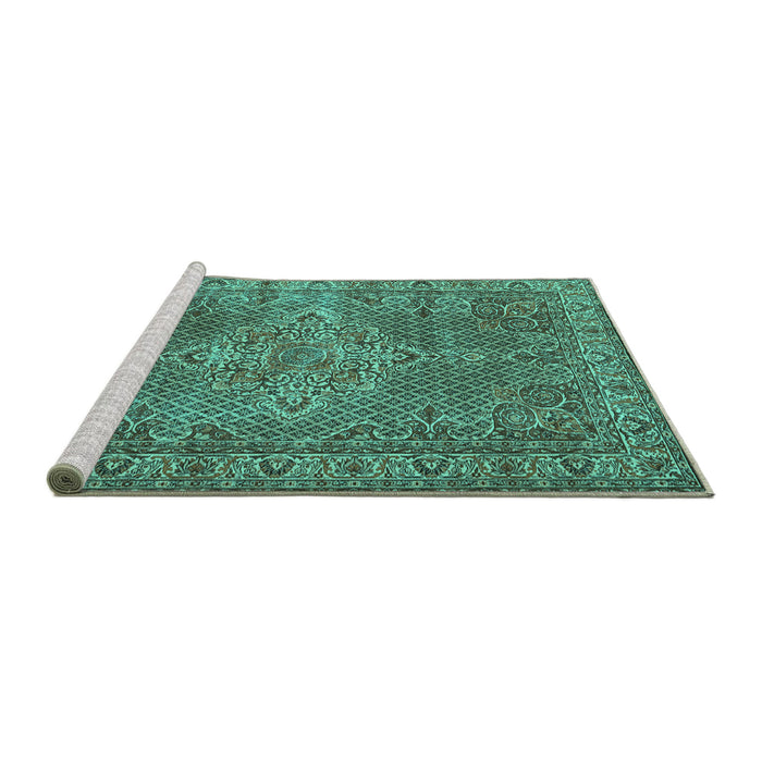 Sideview of Machine Washable Persian Turquoise Traditional Area Rugs, wshtr1366turq