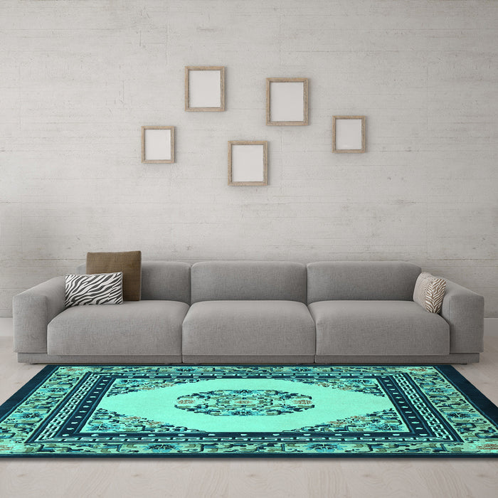 Machine Washable Persian Turquoise Traditional Area Rugs in a Living Room,, wshtr1367turq