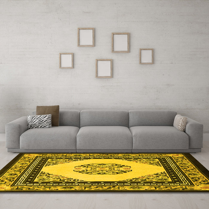 Machine Washable Persian Yellow Traditional Rug in a Living Room, wshtr1367yw