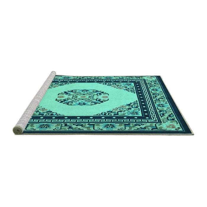Sideview of Machine Washable Persian Turquoise Traditional Area Rugs, wshtr1367turq