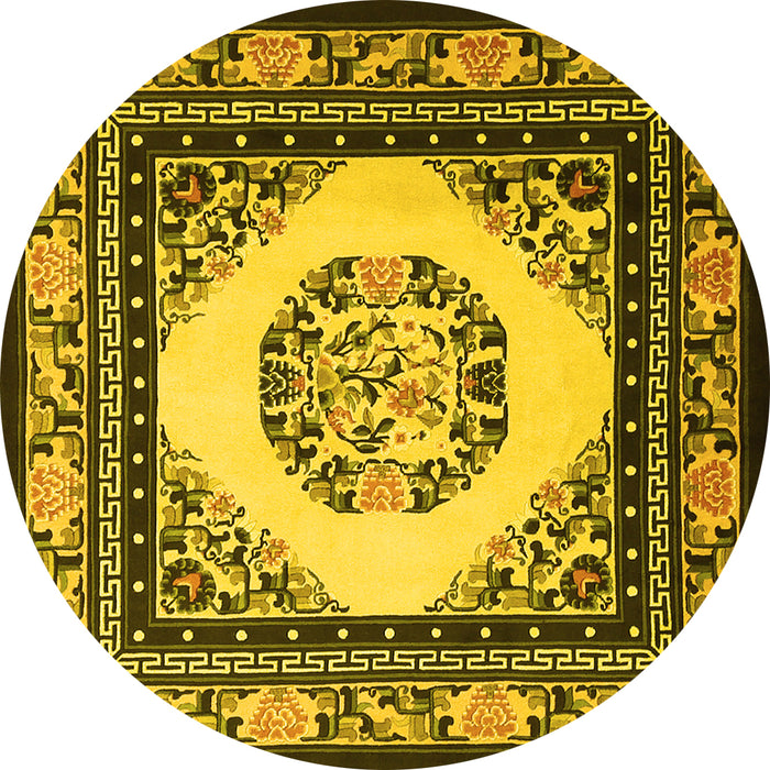 Round Machine Washable Oriental Yellow Asian Inspired Rug, wshtr1369yw
