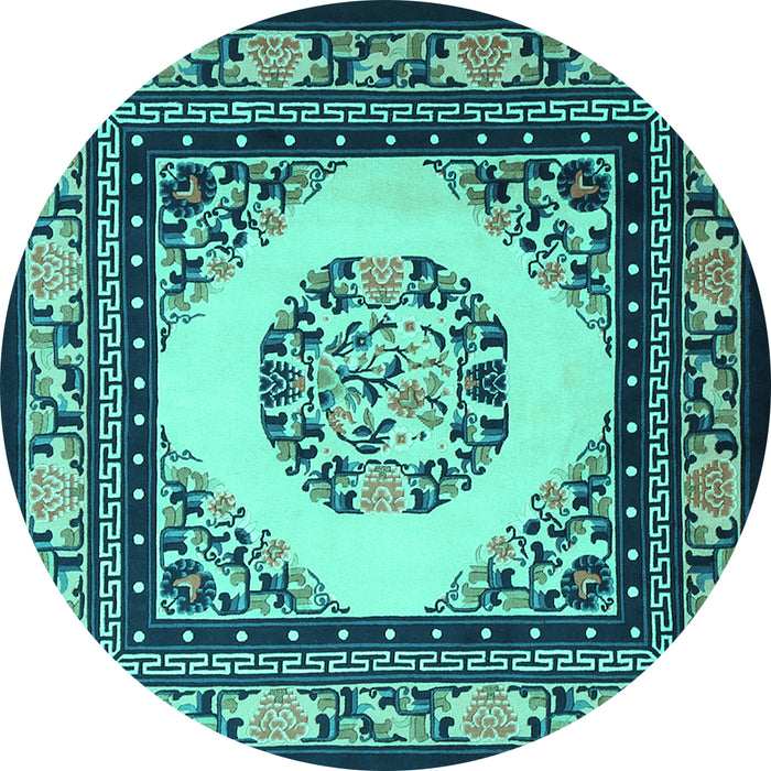 Round Machine Washable Oriental Turquoise Asian Inspired Area Rugs, wshtr1369turq