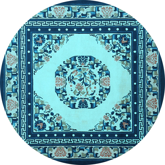 Round Machine Washable Oriental Light Blue Asian Inspired Rug, wshtr1369lblu