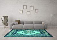 Machine Washable Oriental Turquoise Asian Inspired Rug, wshtr1369turq