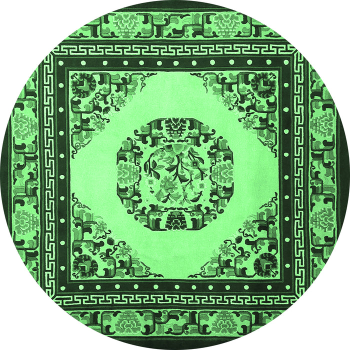 Round Machine Washable Oriental Emerald Green Asian Inspired Area Rugs, wshtr1369emgrn